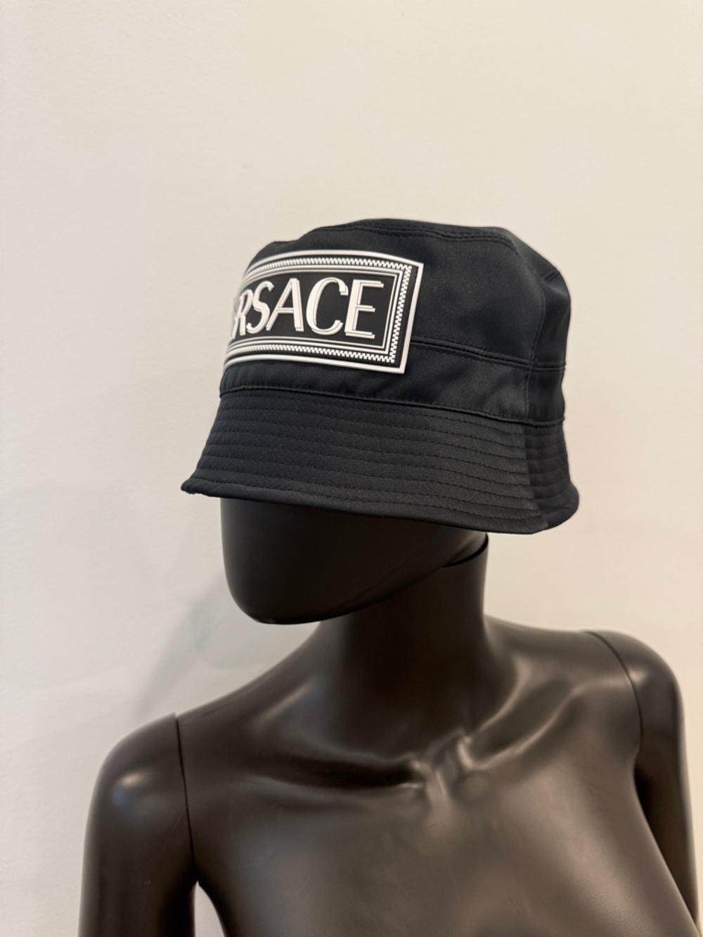 VERSACE Satin Logo Bucket Hat Black Size 58 New Luxury Statement